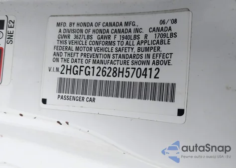 2008 Honda Civic Lx z USA, uszkodzony, nr VIN 2HGFG12628H570412